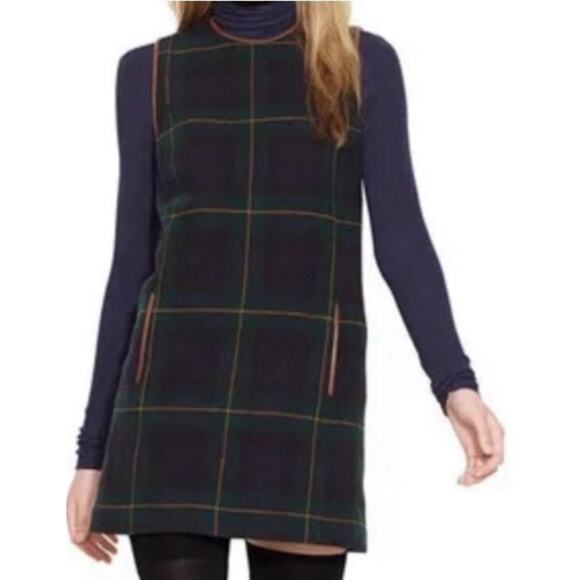 VTG Polo Ralph Lauren Black Watch Plaid Shift Dress Faux Leather Brown Trim 2 - Picture 1 of 5